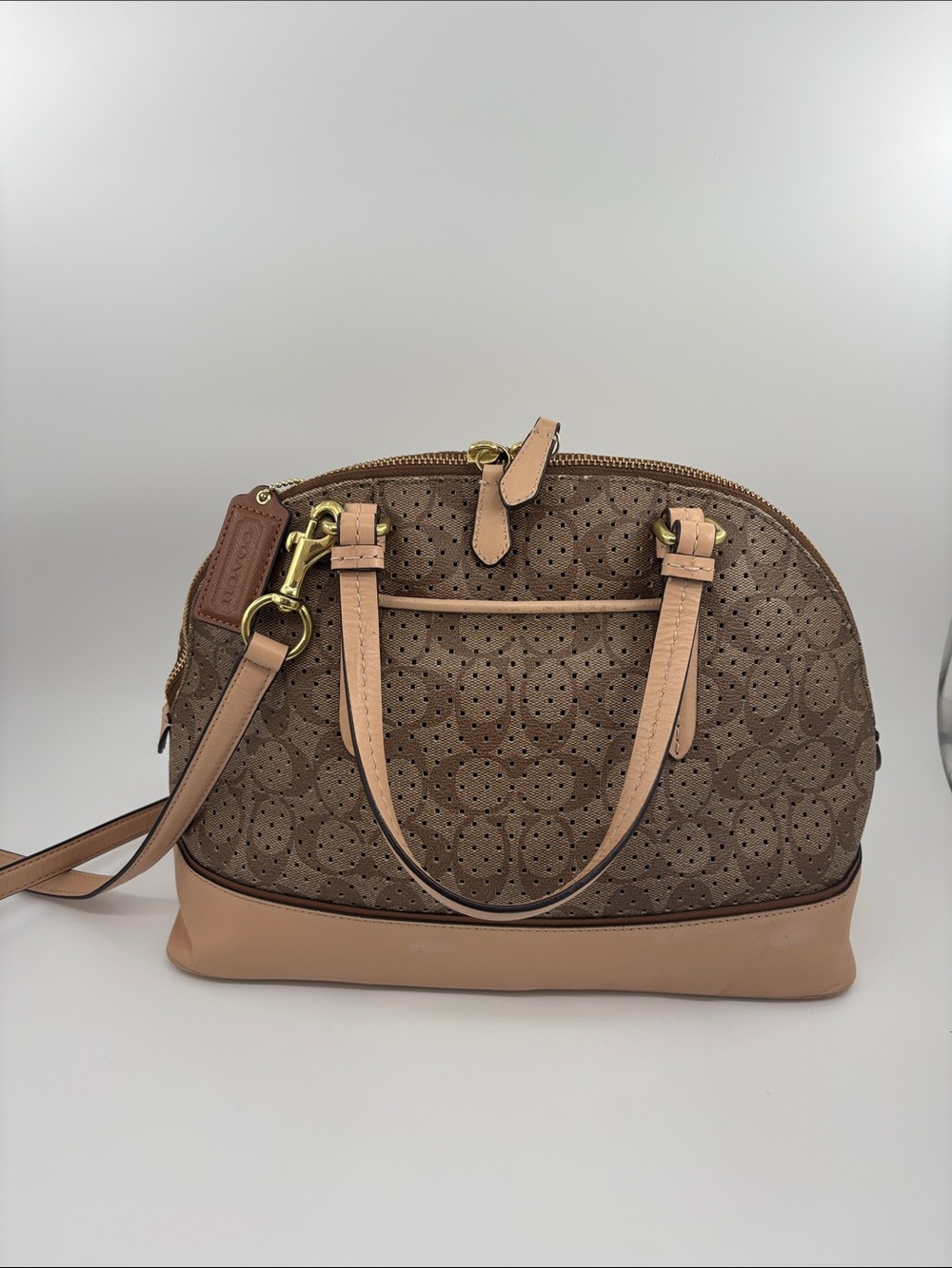 Coach Brown Perforated Signature Satchel with Tan Leather Trim - Picture 2 of 11